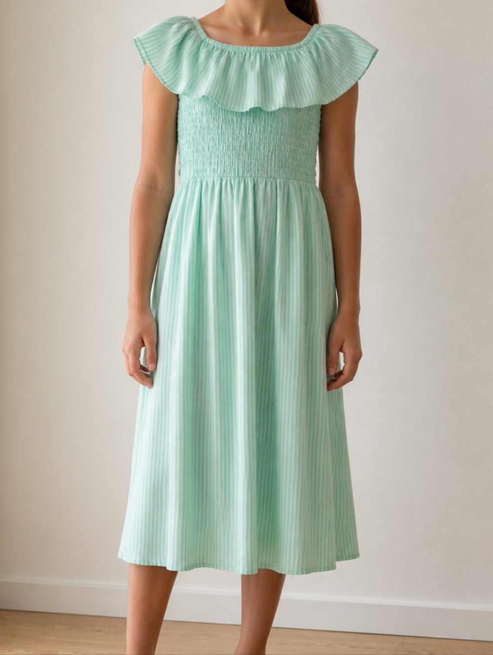 Peppermint Patty Striped Dress Beautees Mint Green and White Ruffle Shoulder 10